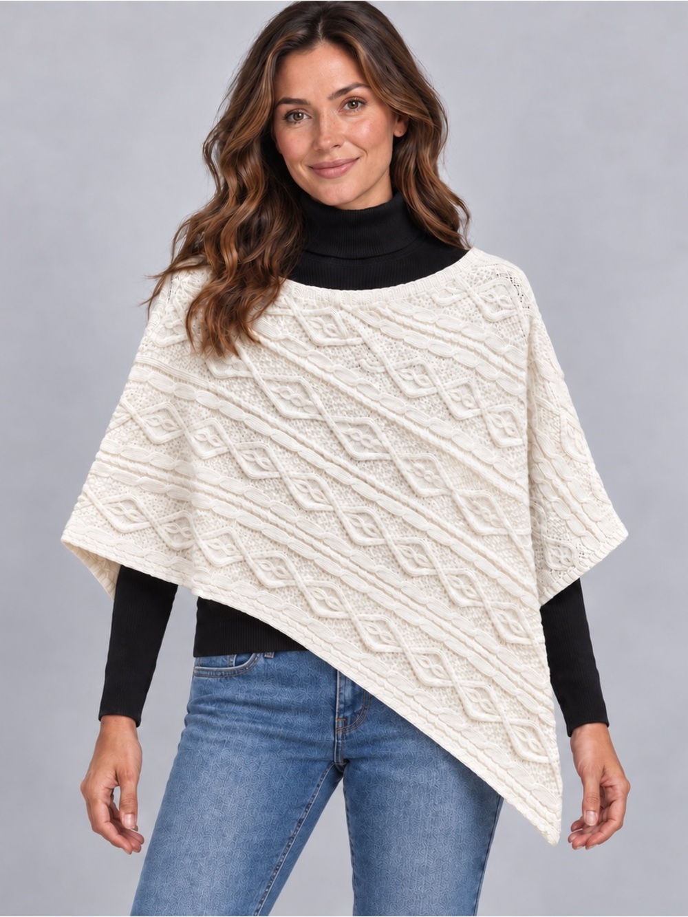 Women’s Ivory Cable Knit Poncho Cape Asymmetrical Sweater Size M Heart N Crush